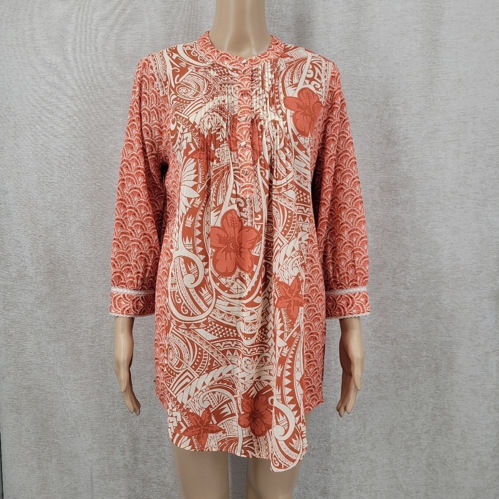 Soft Surroundings Floral Patterned 3/4 Sleeve Tunic Rust Terracotta and Cream